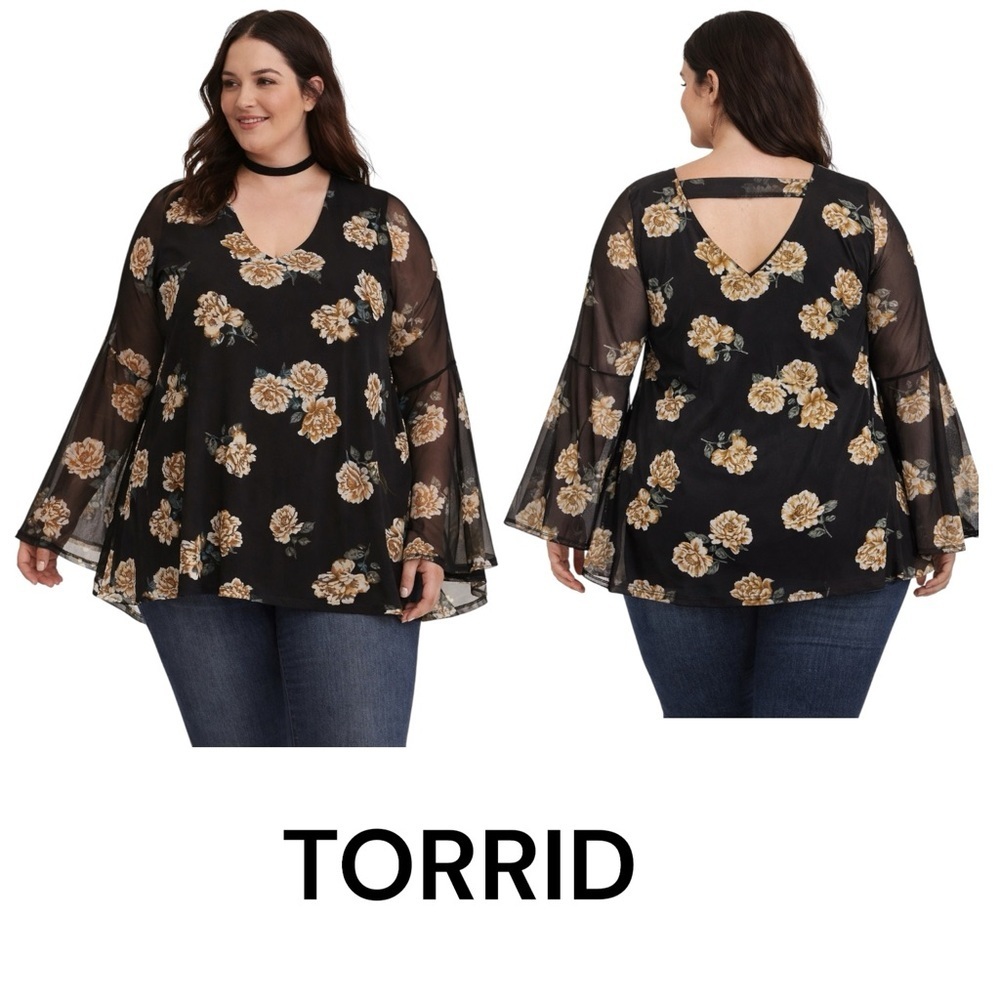 Torrid Floral Mesh Blouse Size 3 Black Yellow Long Sleeve Plus Size - Picture 1 of 10